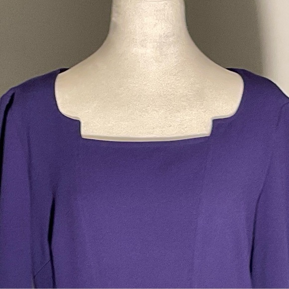 David Meister Size 10 Purple Sheath Dress Fabric Belt 3/4 Sleeve Unique Neckline - Picture 1 of 14